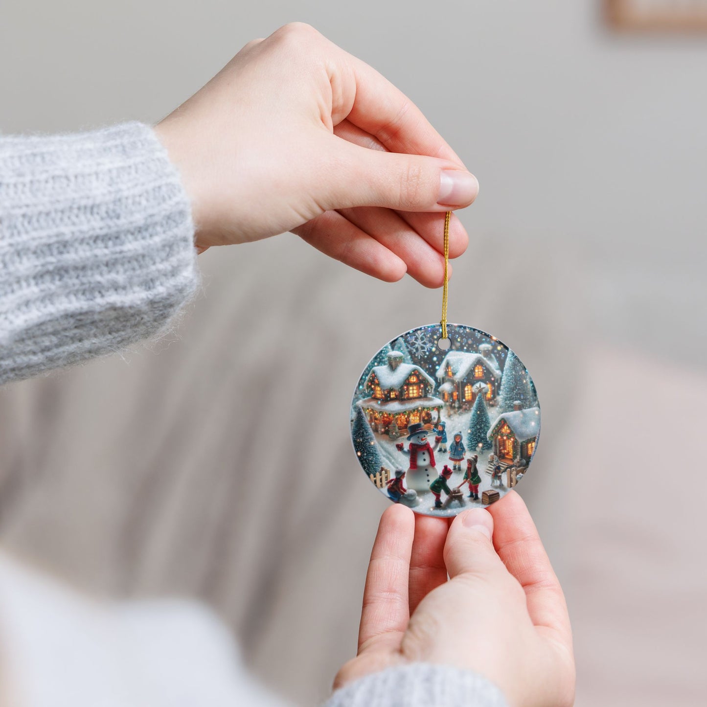 Winter Village Scene - Ceramic Decoration Ornament, (1pc)