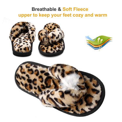 JOINFREE Women's Plush Thong Slippers Fluffy Slippers Slides Furry Spa Shoes for Women Leopard Gold 7.5-8.5 M US