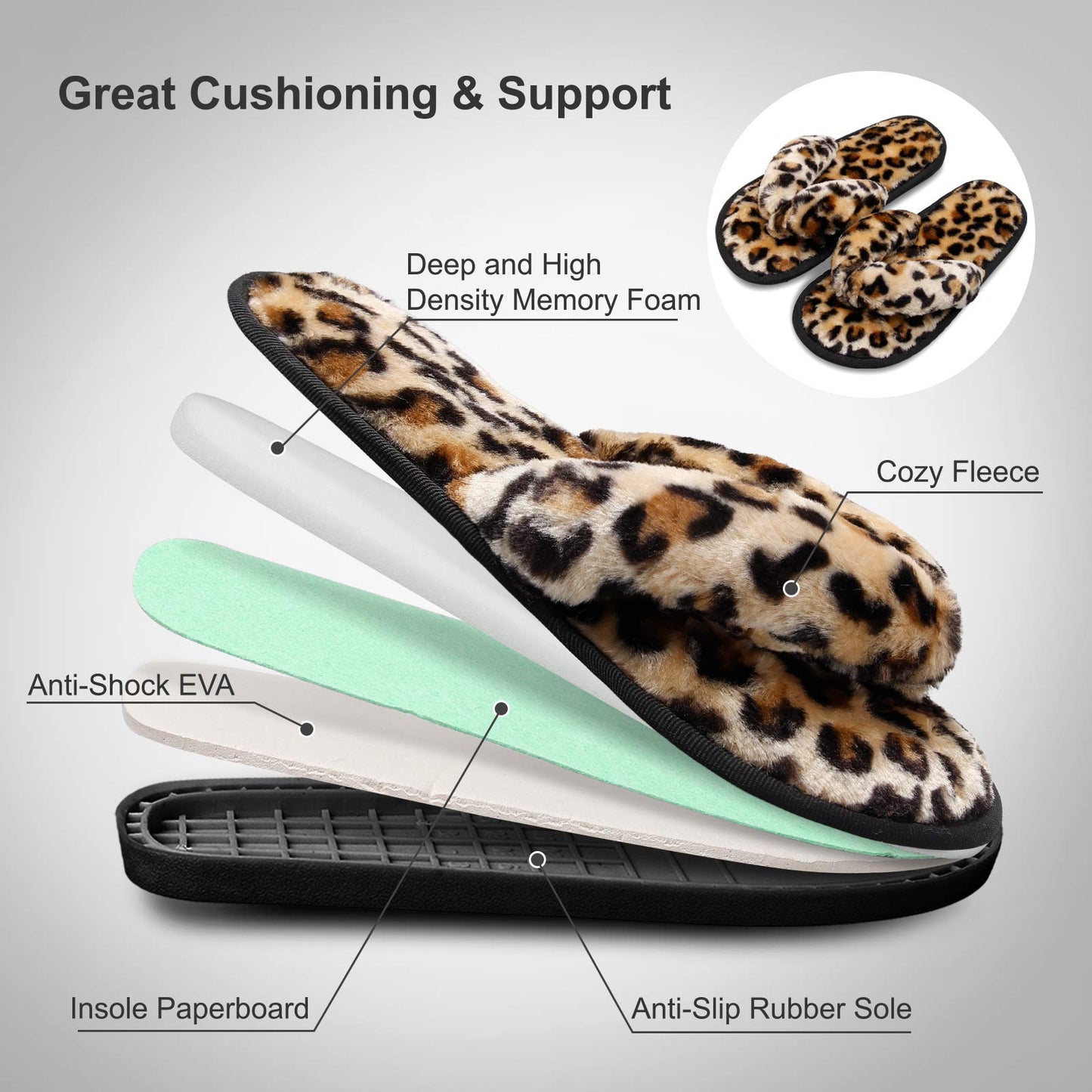 JOINFREE Women's Plush Thong Slippers Fluffy Slippers Slides Furry Spa Shoes for Women Leopard Gold 7.5-8.5 M US
