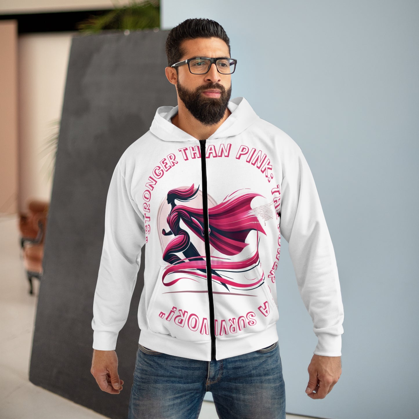 Carroll's Edition "Stronger Than Pink" - Unisex Zip Hoodie (AOP)