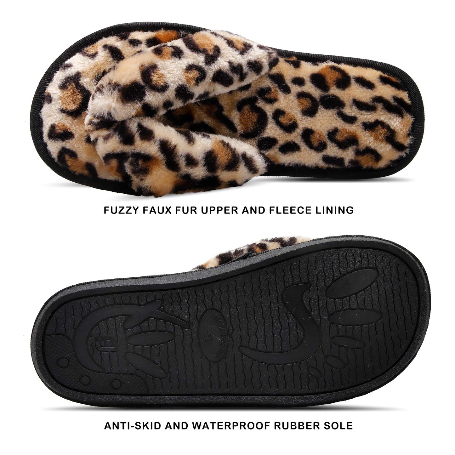 JOINFREE Women's Plush Thong Slippers Fluffy Slippers Slides Furry Spa Shoes for Women Leopard Gold 7.5-8.5 M US