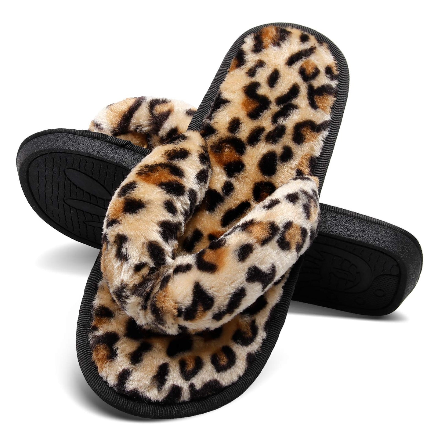 JOINFREE Women's Plush Thong Slippers Fluffy Slippers Slides Furry Spa Shoes for Women Leopard Gold 7.5-8.5 M US