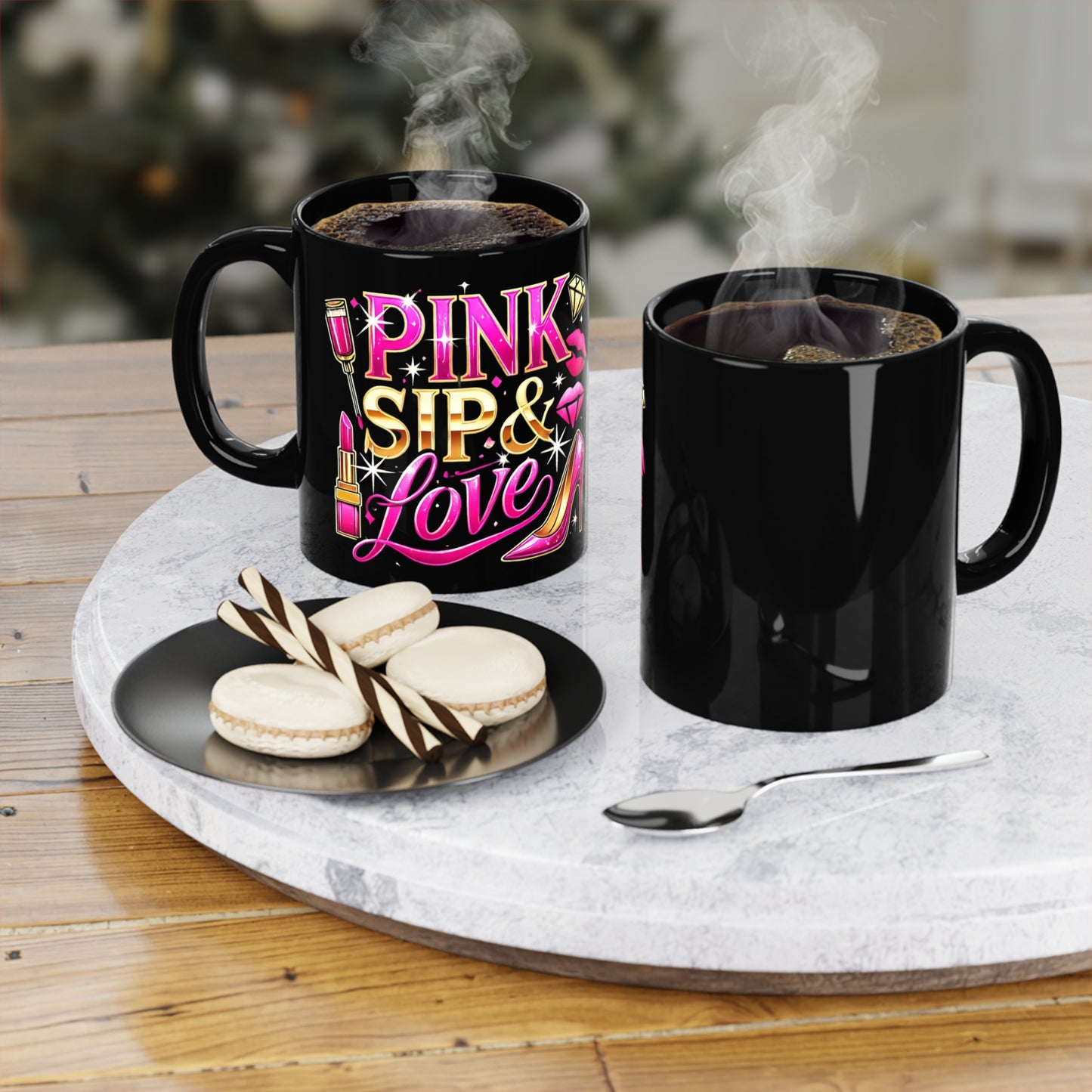 Pink, Sip & Love - Black Coffee Mug, 11oz