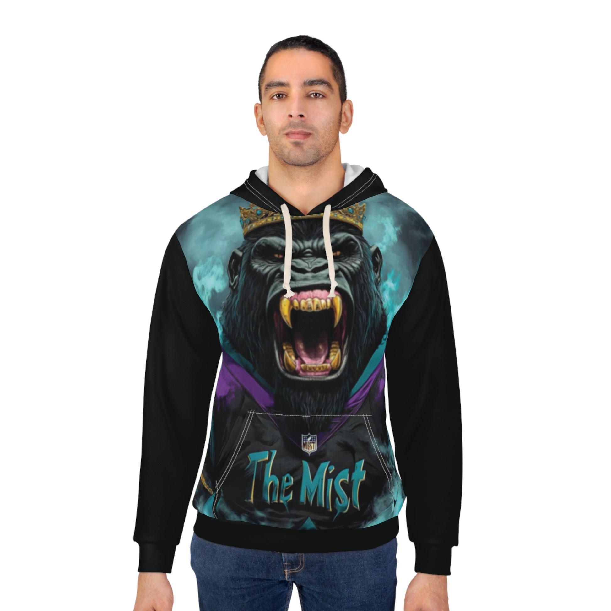 Gorilla in the Mist - Black Sleeves - Unisex Pullover Hoodie (AOP) - Creatively Designed Shop