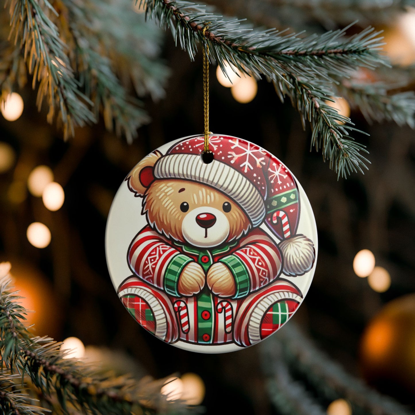 Teddy Bear in Pajamas - Ceramic Decoration Ornament, (1pc)