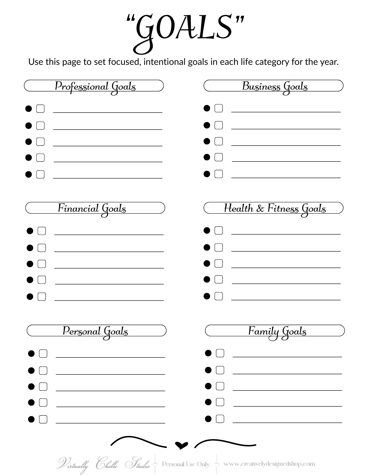 Life Planner – Goals Sheet (Printable PDF) - B&W