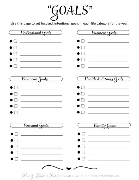 Life Planner – Goals Sheet (Printable PDF) - B&W
