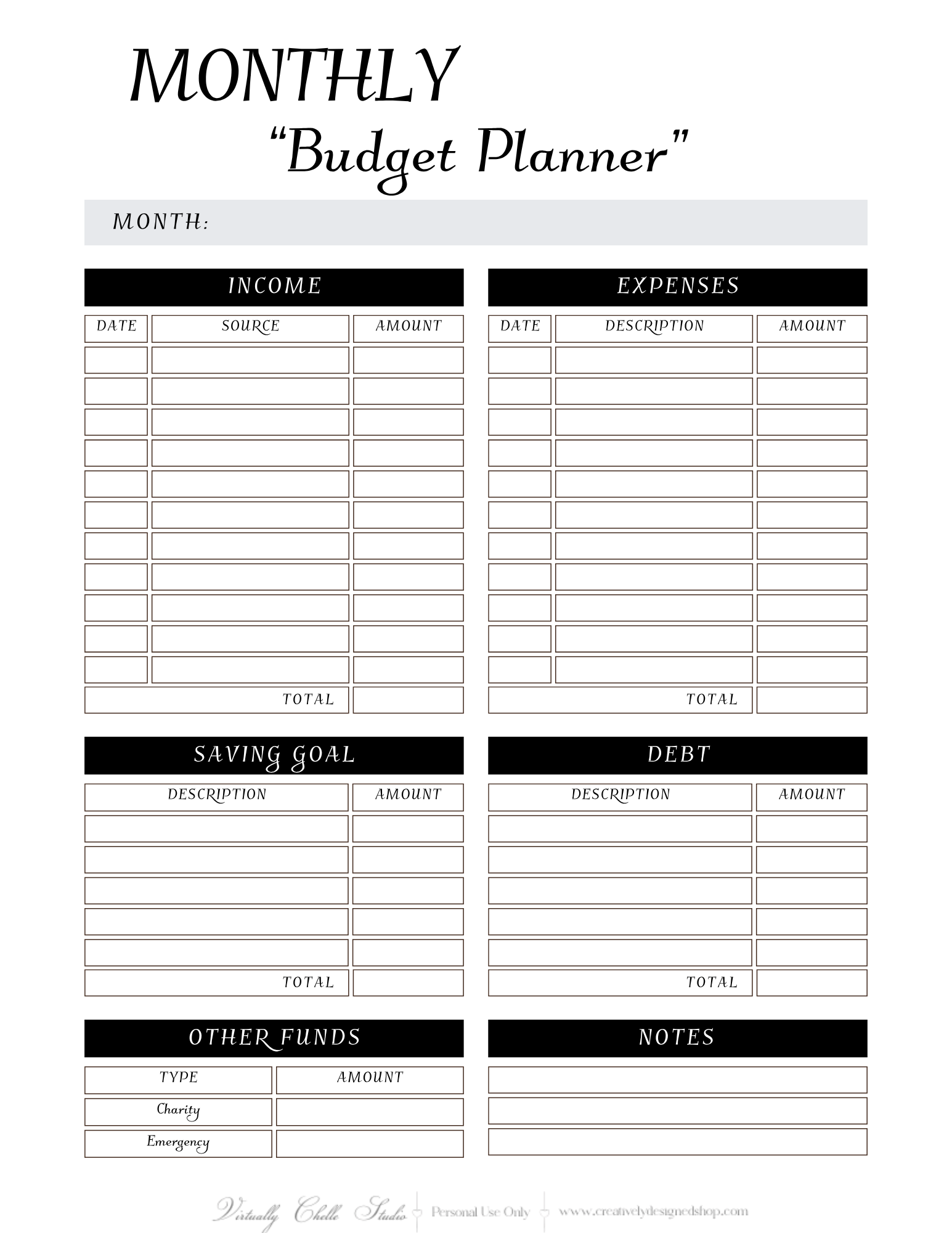 Life Planner - Monthly Budget Planner (Printable PDF) - B&W