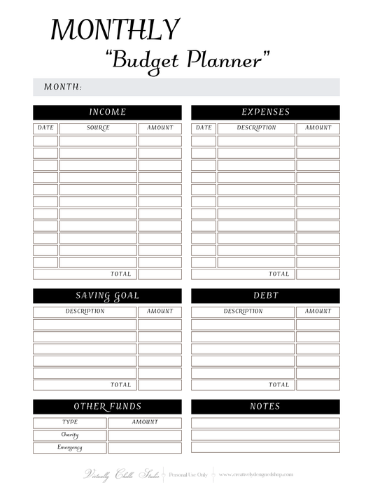 Life Planner - Monthly Budget Planner (Printable PDF) - B&W