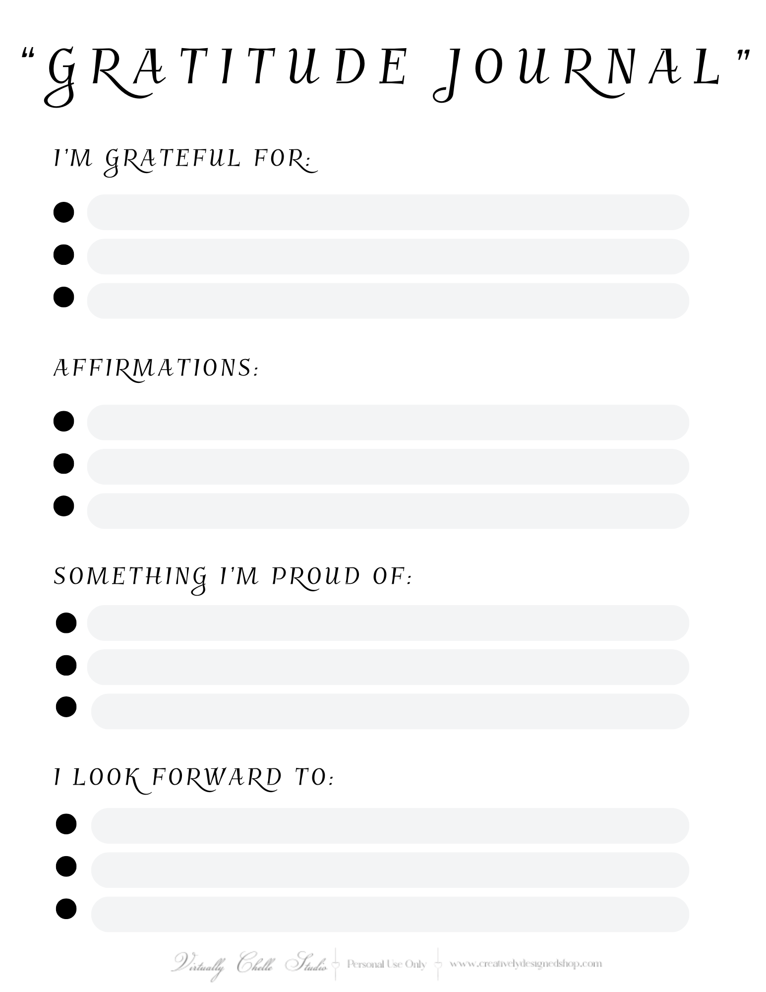 Life Planner - Gratitude Journal Page (Printable PDF) - B&W