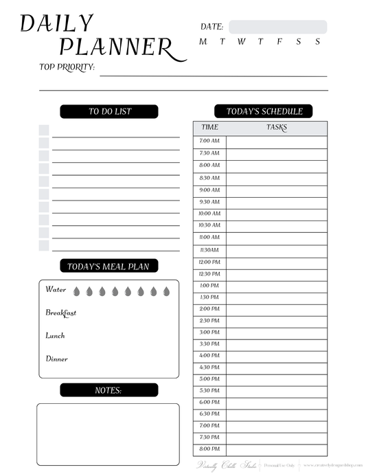 Life Planner - Daily Planner Page (Printable PDF) - B&W
