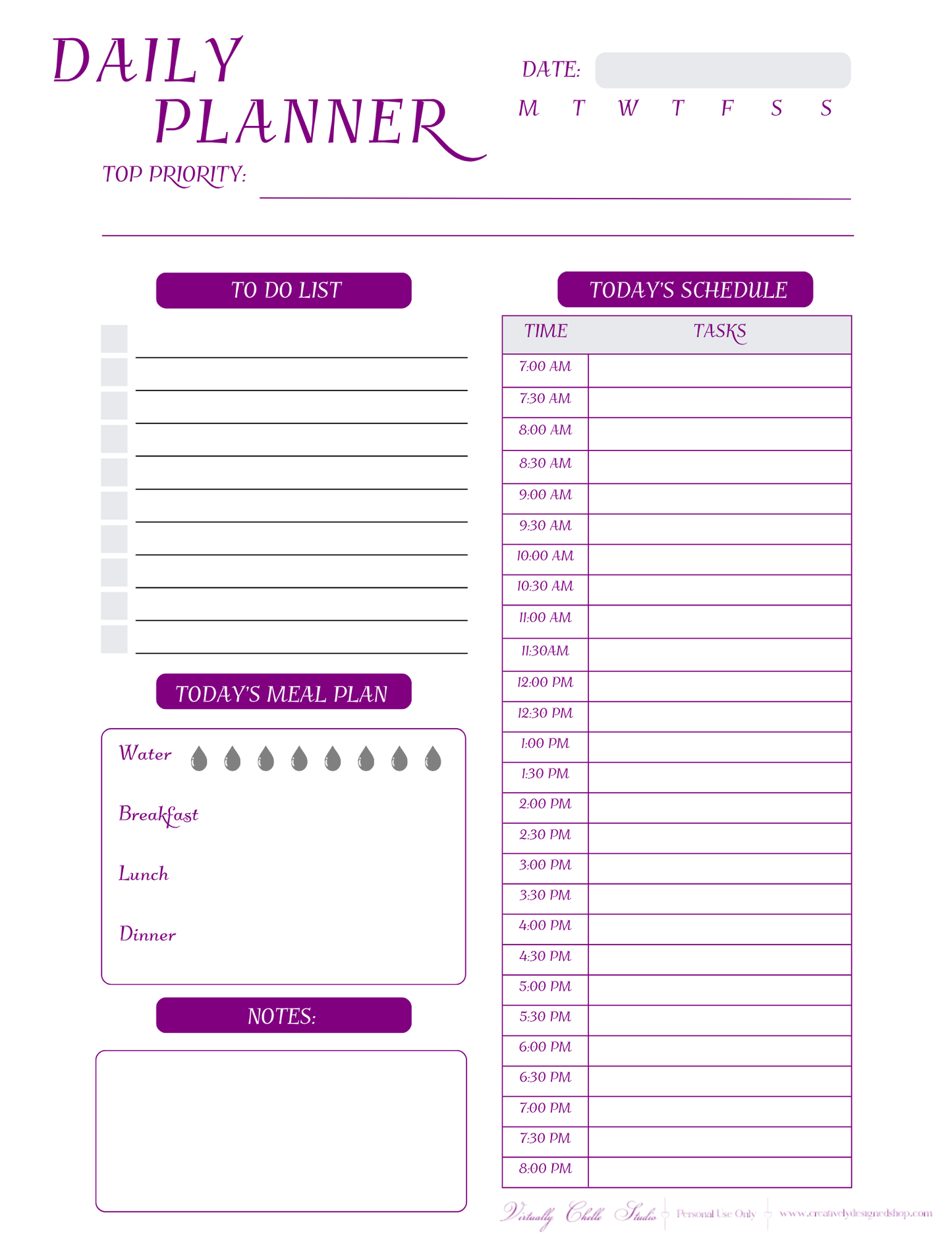 Life Planner - Daily Planner Page (Printable PDF) - Color