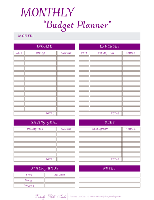 Life Planner - Monthly Budget Planner (Printable PDF) - Color