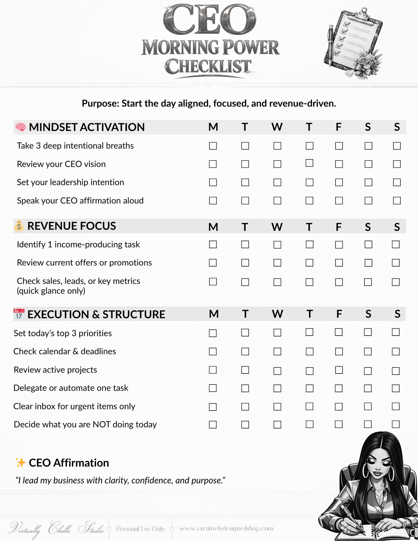 CEO Morning Power Checklist – Productivity Tracker (Black & White) | Printable PDF