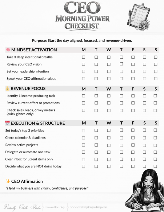 CEO Morning Power Checklist – Productivity Tracker (Black & White) | Printable PDF