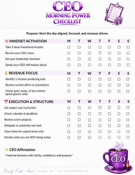 CEO Morning Power Checklist – Coffee Edition  |  Productivity Tracker (Color) | Printable PDF