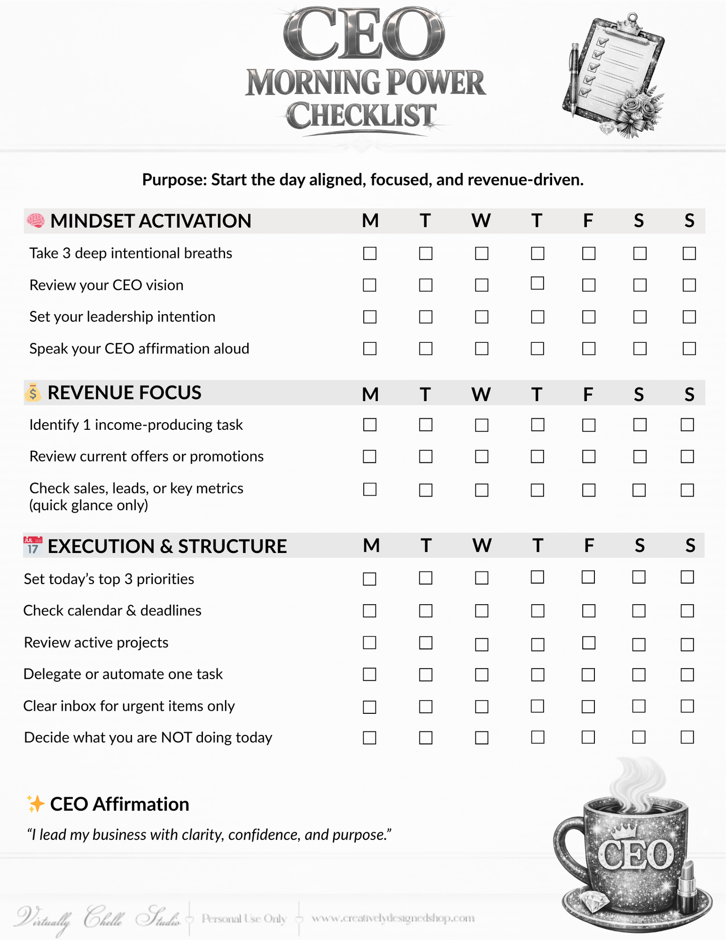 CEO Morning Power Checklist – Coffee Edition  |  Productivity Tracker (Black & White) | Printable PDF