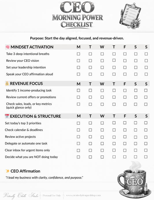 CEO Morning Power Checklist – Coffee Edition  |  Productivity Tracker (Black & White) | Printable PDF
