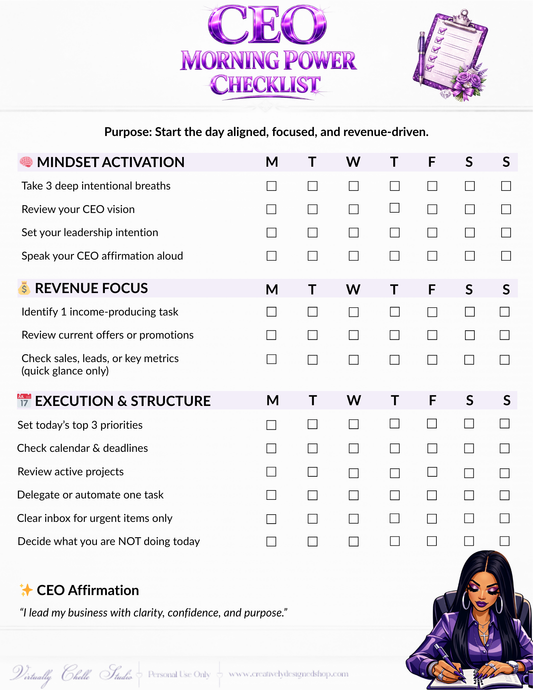 CEO Morning Power Checklist – Productivity Tracker (Color) | Printable PDF